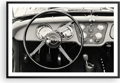 Produktbild von Gerahmtes Poster - Schwarzer Rahmen - Lenkrad Auto Vintage - 91,5x61 cm - Wand Bild - Wanddeko - Wandbilder - Kunstposter - Wandposter - Bilderrahmen - Bilder - Kunstdruck - P2BAA91x61-4853