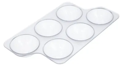 A white plastic egg holder with six circular compartments, shown from a slightly elevated angle against a white background.