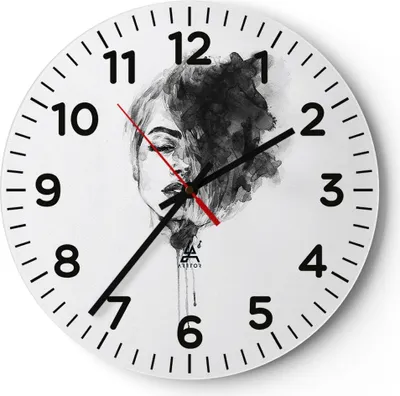Produktbild von Wanduhr - Rund - Glasuhr - Frau Gesicht Abstraktion - 30x30cm - Schleichendes Uhrwerk - Lautlos - zum Aufhängen bereit - Dekoration Modern - Wanddekoration aus Glas - C4AR30x30-4934