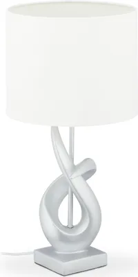 Zdjęcie produktu dla Relaxdays – nowoczesna lampa stołowa o eleganckim wyglądzie, z abażurem z tkaniny, gwint E27, lampa designerska, wys. x średnica: 50 x 25 cm, srebrno-biała