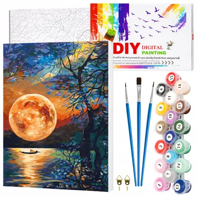 Produktbild von EDIBAZZAR | Malen nach Zahlen mit Rahmen, 40 x 50 cm Leinwandbild „Vollmond über dem See“