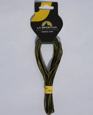 Schwarze Schnürsenkel mit gelben Streifen von La Sportiva; verpackt auf einer Karte.