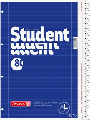 Obrázek produktu pro BRUNNEN 1067907 Vysokoškolský blok Studentský levý A4 linkovaný, s vnitřní a vnější okrajovou linkou, Lin. 27 Titulní strana: modrá
