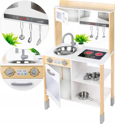 A wooden toy kitchen with accessories, set against a white background.