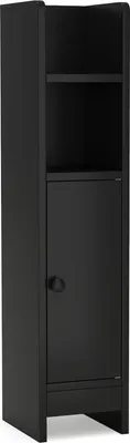 A tall, narrow black cabinet with one door and two open shelves.