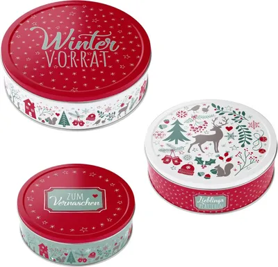 Obrázok produktu pre Plechovka na sušienky kovová okrúhla sada 3 zimných skladovacích hviezd Veselé Vianoce štvorce zimné skladovanie