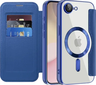 Image de Étui pour iPhone 16e/iPhone 17e compatible MagSafe, étui transparent avec porte-cartes, étui en cuir avec protection pour l'appareil photo, bleu