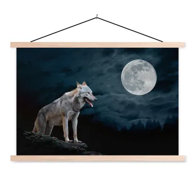 Produktbild von MuchoWow® Textilposter Wolf - Mond - Nacht - Tiere - Porträt 60x40 cm mit holzfarbenen Rahmen - Bilder