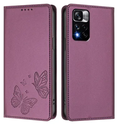 Produktbild von Lederhülle für Xiaomi Redmi Note 11 Pro+ 5G, Schmetterling Prägung Leder Brieftasche Schutzhülle mit Ständer Lila
