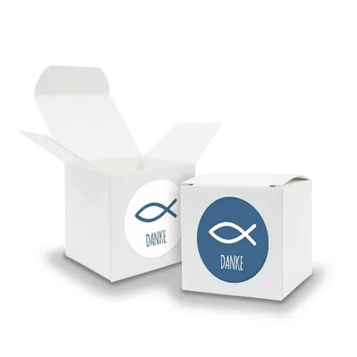 Produktbild von SET Fisch DANKE (Motiv33) 24x Faltschachtel Würfel 6,5cm weiß + Sticker