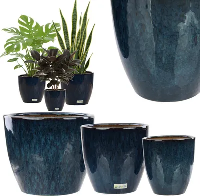 Immagine prodotto di Set di 3 coprivaso rotondi in ceramica, motivo blu, foro per lo scarico dell'acqua, decorazione per casa e ufficio, loft moderno, copertura per piante per orchidee e piante grasse, regalo