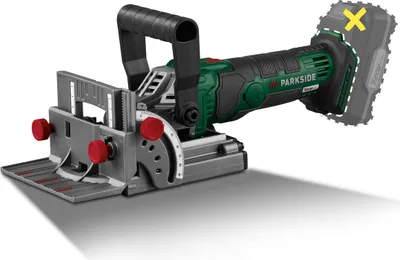 A cordless biscuit joiner tool is shown against a white background.