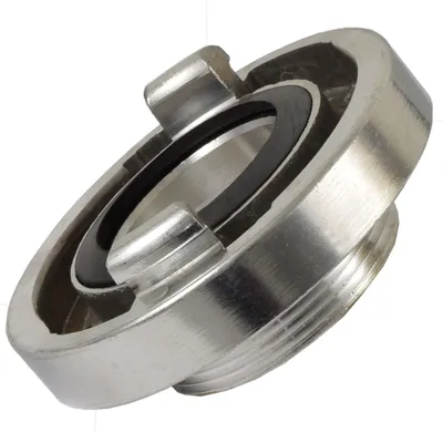 A close-up, isolated shot of a metal coupling with a black rubber seal.