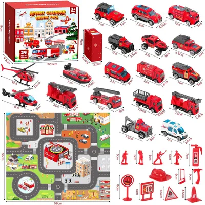 Produktbild von Adventskalender 2025 Kinder Auto, 24 Spielzeugfahrzeuge mit 18 Feuerwehrautos & Zubehör, Weihnachtskalender für Jungen & Mädchen ab 3–12 Jahren