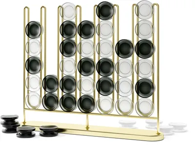 A modern, minimalist four-in-a-row game with clear and black discs on a gold frame.