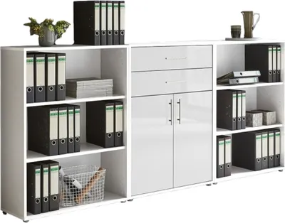 Produktbild von Aktenschrank TABOR 14 in weiß / weiß Hochglanz, Schrankwand, Büroschrank, Metallgriffe