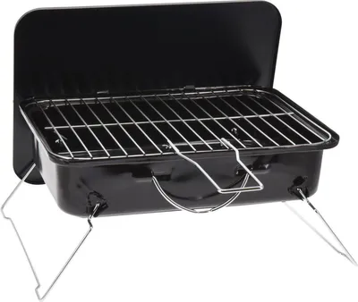 A black portable charcoal grill with its lid open and legs extended, set against a white background.