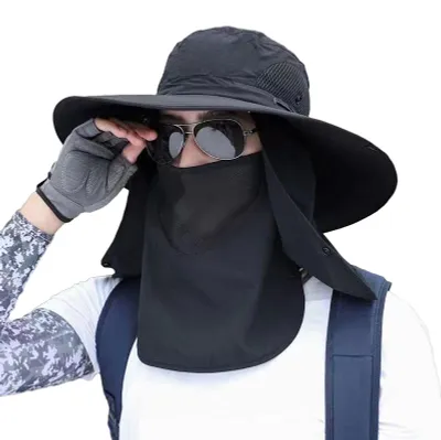 Produktbild von Herren-Fischerhut mit breiter Krempe, atmungsaktivem Mesh-Design, schnelltrocknend, mit Nackenschutz und Gesichtsschutz, Outdoor-Angelhut