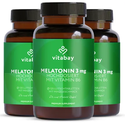Produktbild von Melatonin 3 mg + Vitamin B6 – 360 Premium Melatonin Lutschtabletten mit Menthol - 3er Bundle
