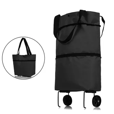 A black rolling shopping bag is shown against a white background. A smaller inset image shows the same bag in a circular frame.