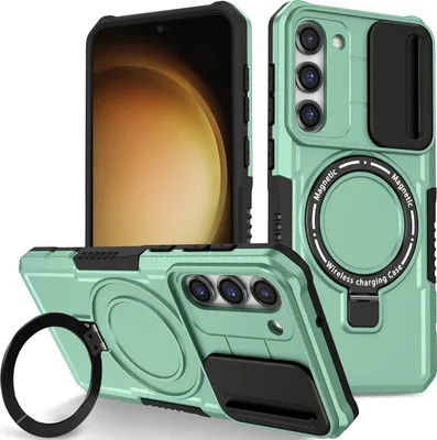 Produktbild von Handyhülle für Samsung Galaxy S23+ Kompatibel mit MagSafe, Robuste Hülle mit Schiebe Kamera Schutz, Magnetischer Ringständer Grün