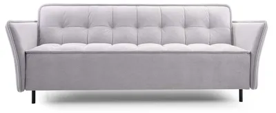 Jasnoszara sofa rozkładana z pikowanym siedziskiem na metalowych nogach