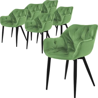 A set of six green velvet dining chairs with black legs, arranged on a white background.