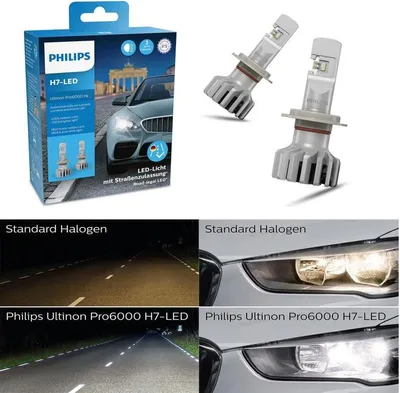 Collage showing Philips Ultinon Pro6000 H7 LED headlights compared to standard halogen headlights, along with product packaging and individual bulbs.