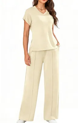 Productafbeelding van Solidchoice - Dames Loungewear Set met Korte Mouwen en Brede Pijpen
