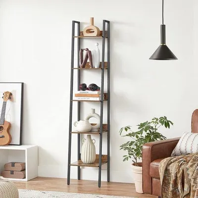 Produktbild von Famanu Bücherregal Leiterregal mit 5 Ebenen in industriellem Stil - Rustikales Braun und Schwarz