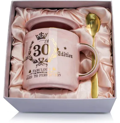 Zdjęcie produktu dla Filiżanka do kawy, 30. urodziny, dla kobiet, 400 ml, różowa, złoty nadruk, ceramiczna, zestaw prezentowy