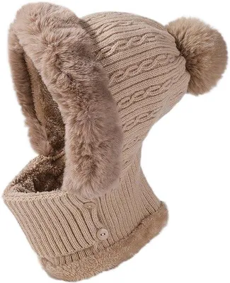Obrázok produktu pre Teplý pletený outdoorový klobúk s bambuľkami, farba kaki, univerzálna veľkosť