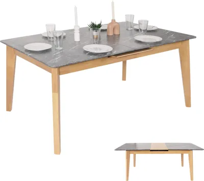 Produktbild von Esszimmertisch MCW-M57, Esstisch, Massiv-Holz Laminat Melamin 160-200x90cm, ausziehbar Marmor/Stein-Optik, helle Beine