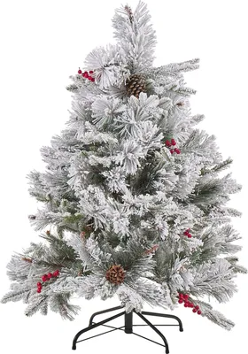 Produktbild von BELIANI Weihnachtsbaum 120 cm Weiß Schneebedeckt mit Kunstschnee Zapfen roten Beeren und Ständer Weihnachtszeit Weihnachten Wohnzimmer Modern