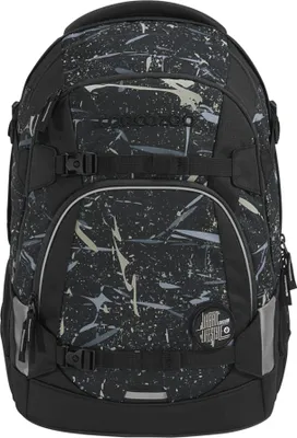 A black backpack with a splatter pattern in various shades of gray, beige, and white.