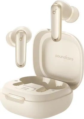 A pair of white wireless earbuds and their charging case are displayed against a white background.