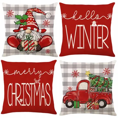 Produktbild von Weihnachtskissenbezug 4er Set - 45x45 cm - Kissenhüllen Graue Karo - Auto