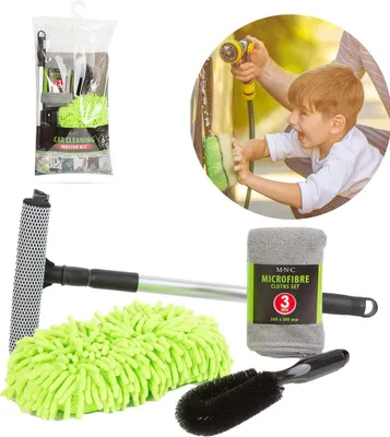 Produktbild von MNC - Complete Car Wash Set Mikrofaser - 6-teiliges Set - Autowaschset Autoreinigungstücher - Scheibenwischer / Schwamm / Mikrofasertücher / Radbürste