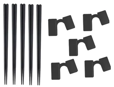 5er-Set Glasfaser-Essstäbchen, schwarz, mit Halter