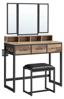 Produktbild von VASAGLE Schminktisch mit gepolstertem Hocker, Frisiertisch mit dreifachem Spiegel, 3 Schubladen, Haartrocknerhalter, Kosmetiktisch, Industriestil