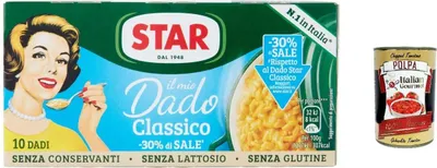 Produktbild von 12x Star Il Mio Dado classico mit 30 % weniger Salz ,Gemüse und nativem Olivenöl extra, 10 Bouillon-Würfel, 100 g, ohne Konservierungsstoffe, laktosefrei und glutenfrei + italian gourmet polpa 400g