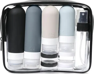 Produktbild von Reiseflaschen Set 17-teilig, für Shampoo, 60 ml und 90 ml, Silikon, für Flugzeug
