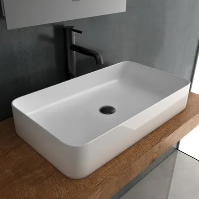Produktbild von alpenberger Aufsatzwaschbecken Keramik 60 cm breit eckig modern nanobeschichtet ohne Hahnloch & Überlauf für Bad & Gäste-WC