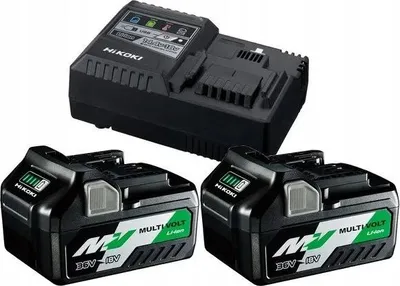 A black battery charger and two black and green batteries are displayed against a white background.