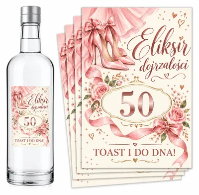 Produktbild von Flaschenetiketten – zum 50. Geburtstag – „Eliksir Dojrzałości” – Rosa – #145 – 8 Stück