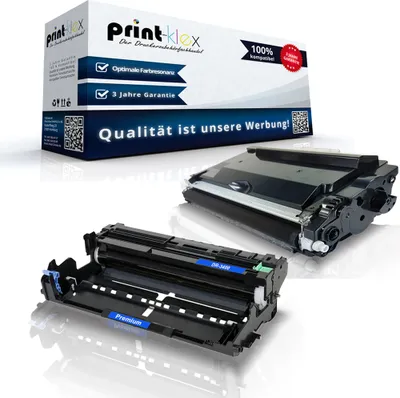 A product shot of a printer toner cartridge and drum unit with packaging in the background.