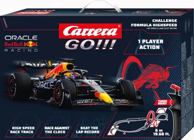 The image shows the packaging of a Carrera GO!!! Formula High Speed slot car racing set, featuring a Red Bull Racing car.