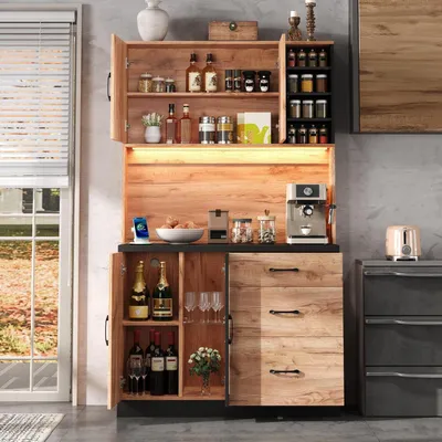 Image de Armoire de cuisine 105x40x180 cm, imitation bois noir, avec éclairage LED et prise électrique