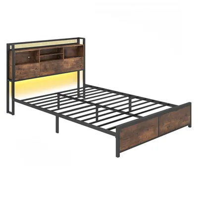 Produktbild von COSTWAY Bettgestell 160x200cm, Kopfteil mit Stauraum, Bett Doppelbett Metallbett mit Ladestation, Lattenrost & Seitentachen, Bettrahmen ohne Matratze