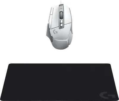 A white gaming mouse and a black mousepad are displayed against a white background.